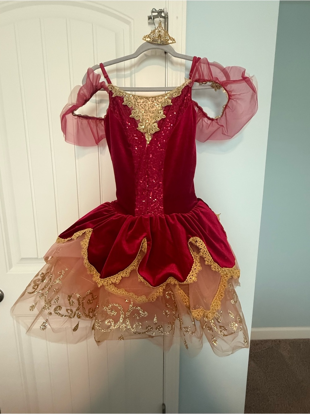 Weissman Burgundy and Gold Ballet Tutu Dress with gold tiara hair piece